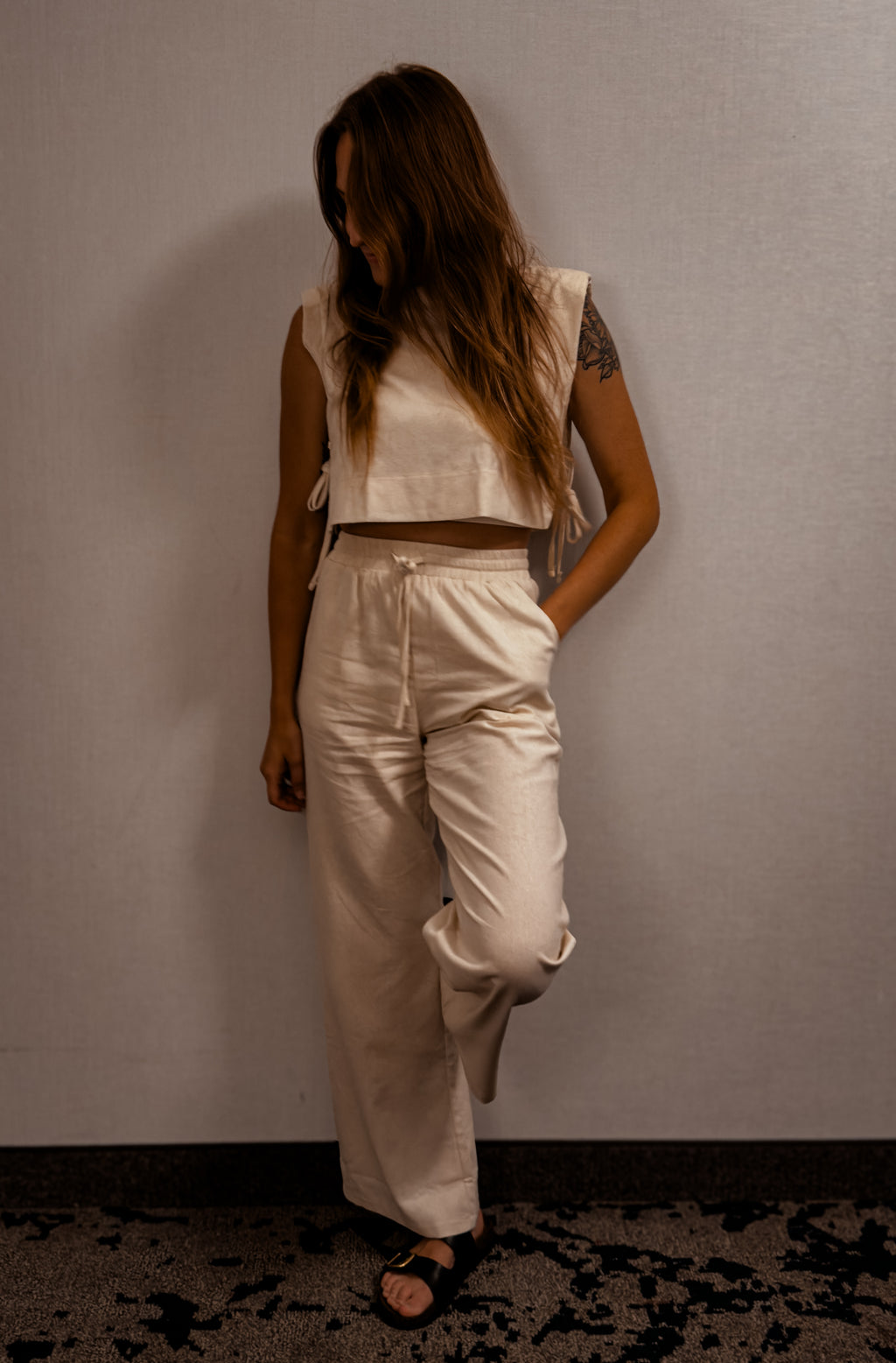 The Breezy Linen Set – Cream Crop Top + Wide Leg Pants | 2-Piece Set