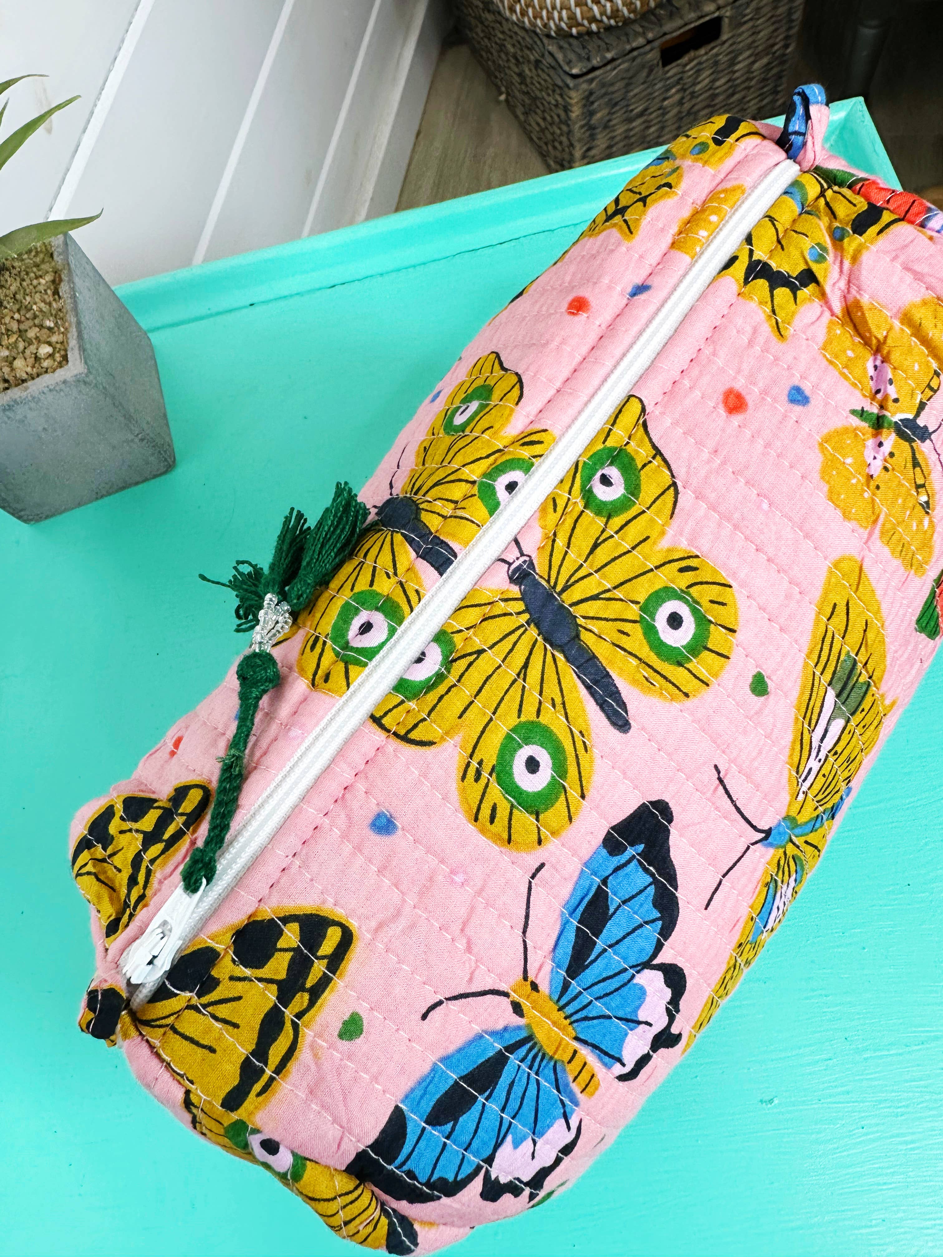 Pink Butterfly Quilted Makeup Bag