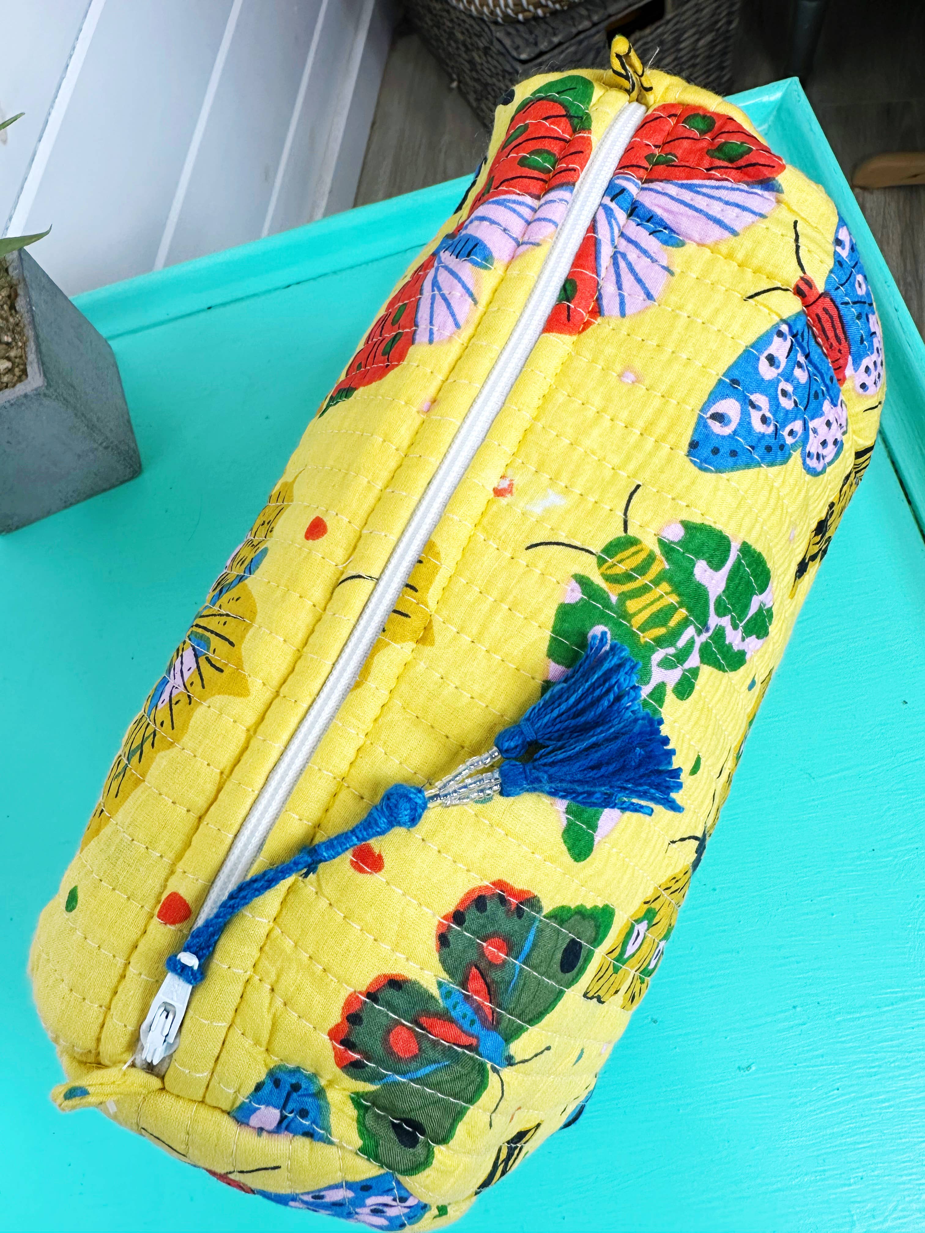 Yellow Butterfly Quilted Makeup Bag