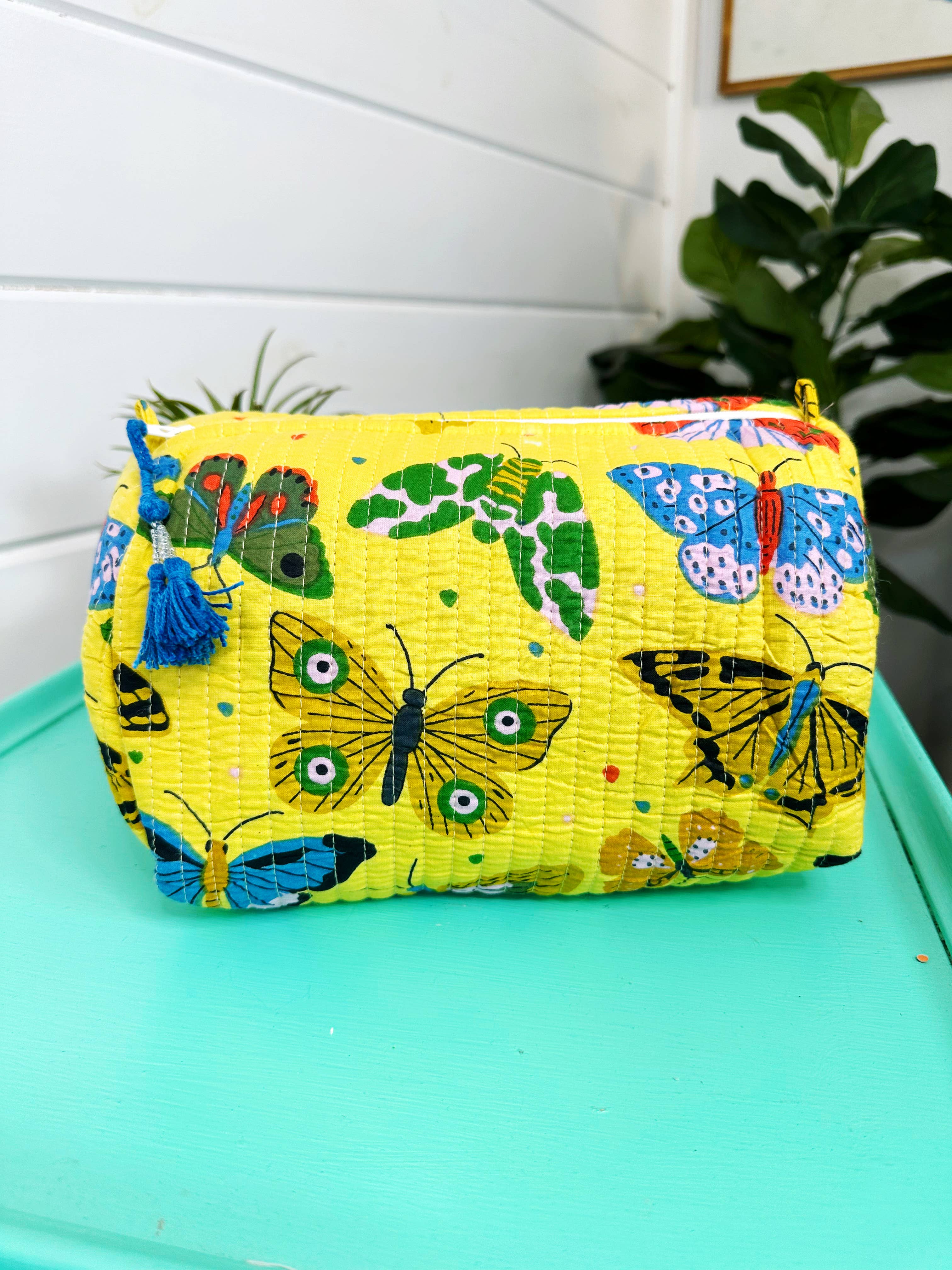 Yellow Butterfly Quilted Makeup Bag