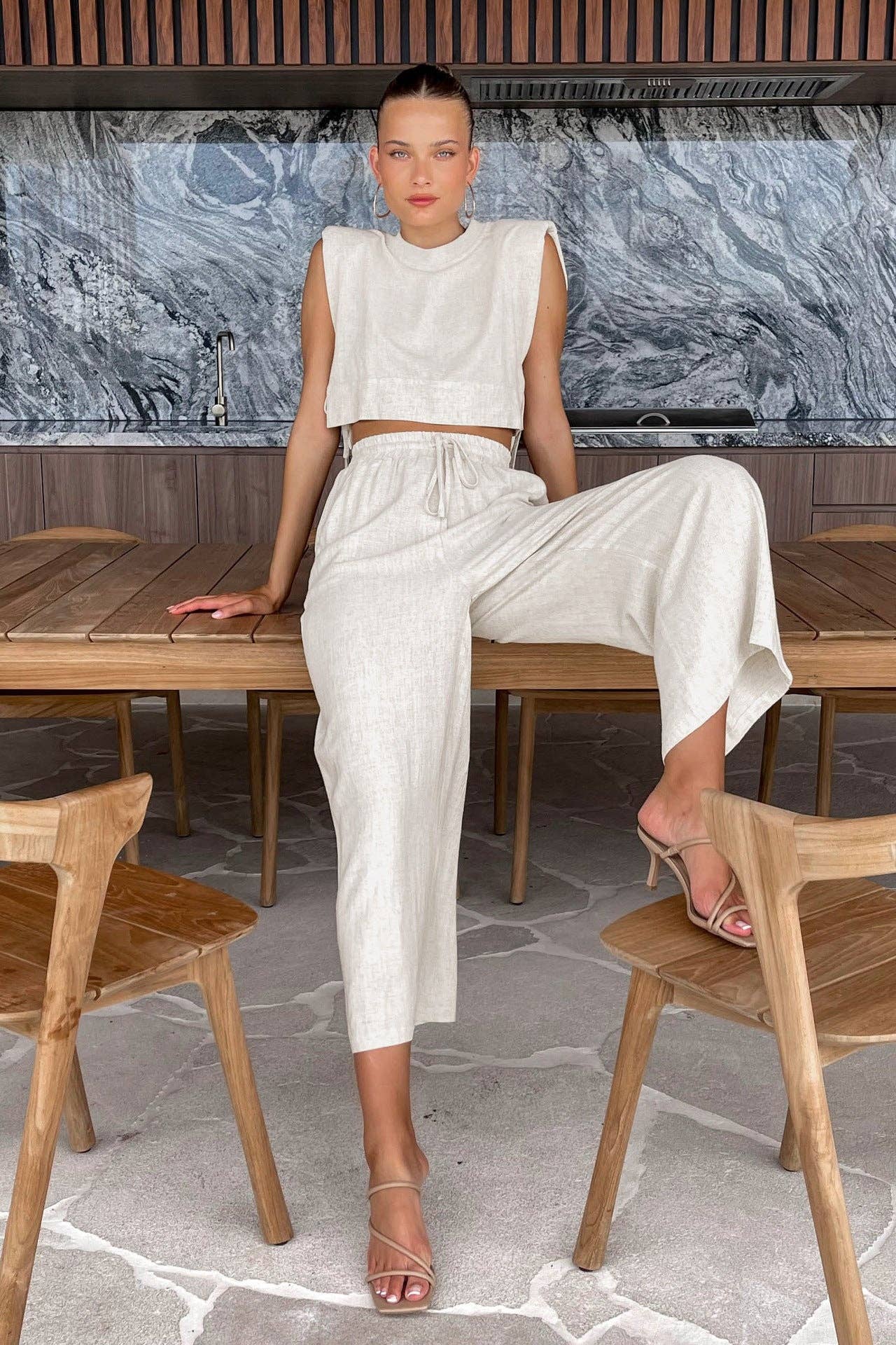 The Breezy Linen Set – Cream Crop Top + Wide Leg Pants | 2-Piece Set