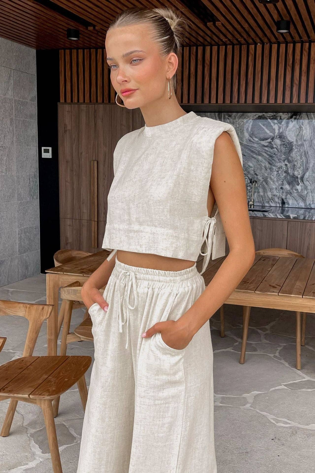 The Breezy Linen Set – Cream Crop Top + Wide Leg Pants | 2-Piece Set