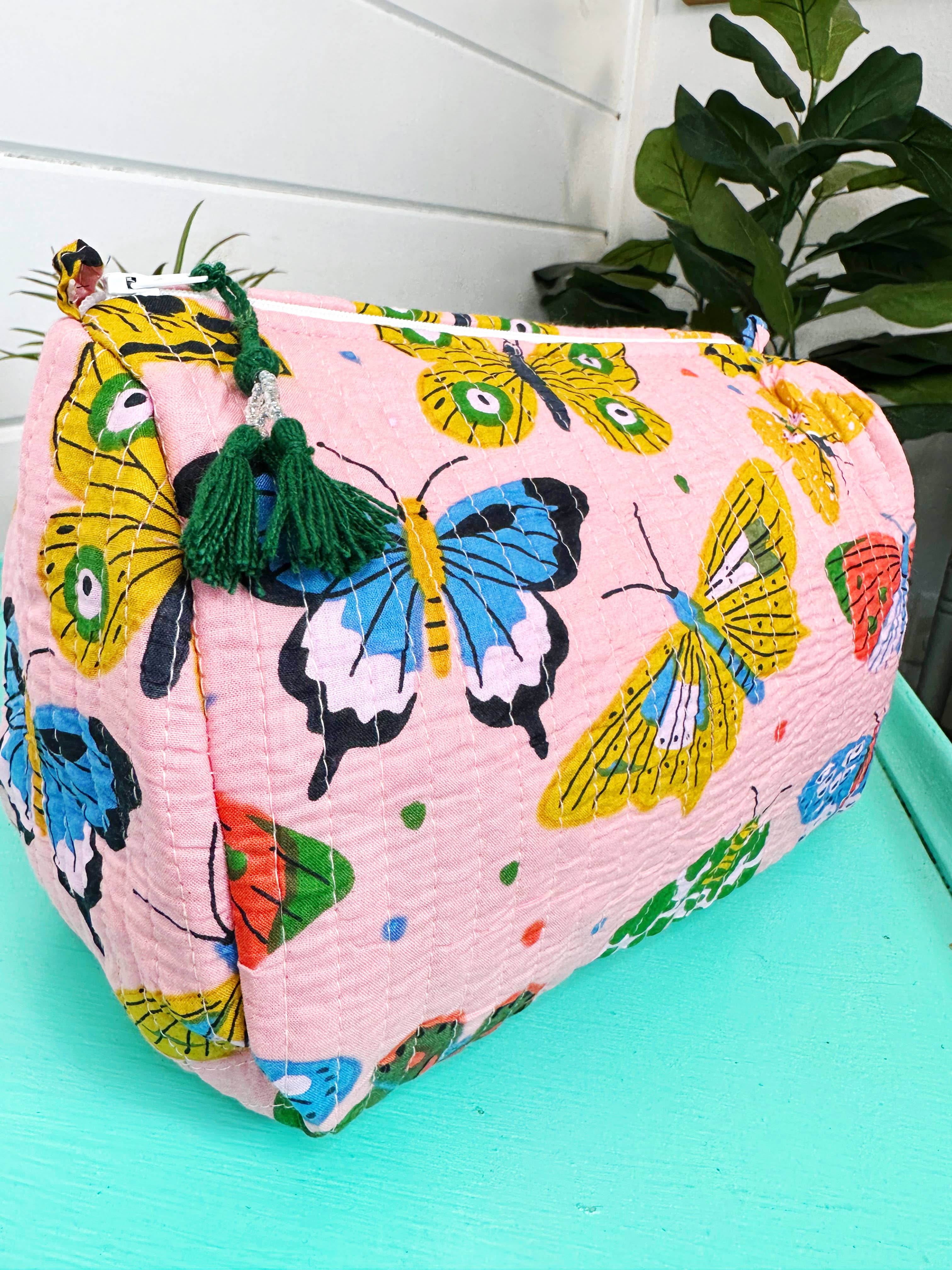 Pink Butterfly Quilted Makeup Bag