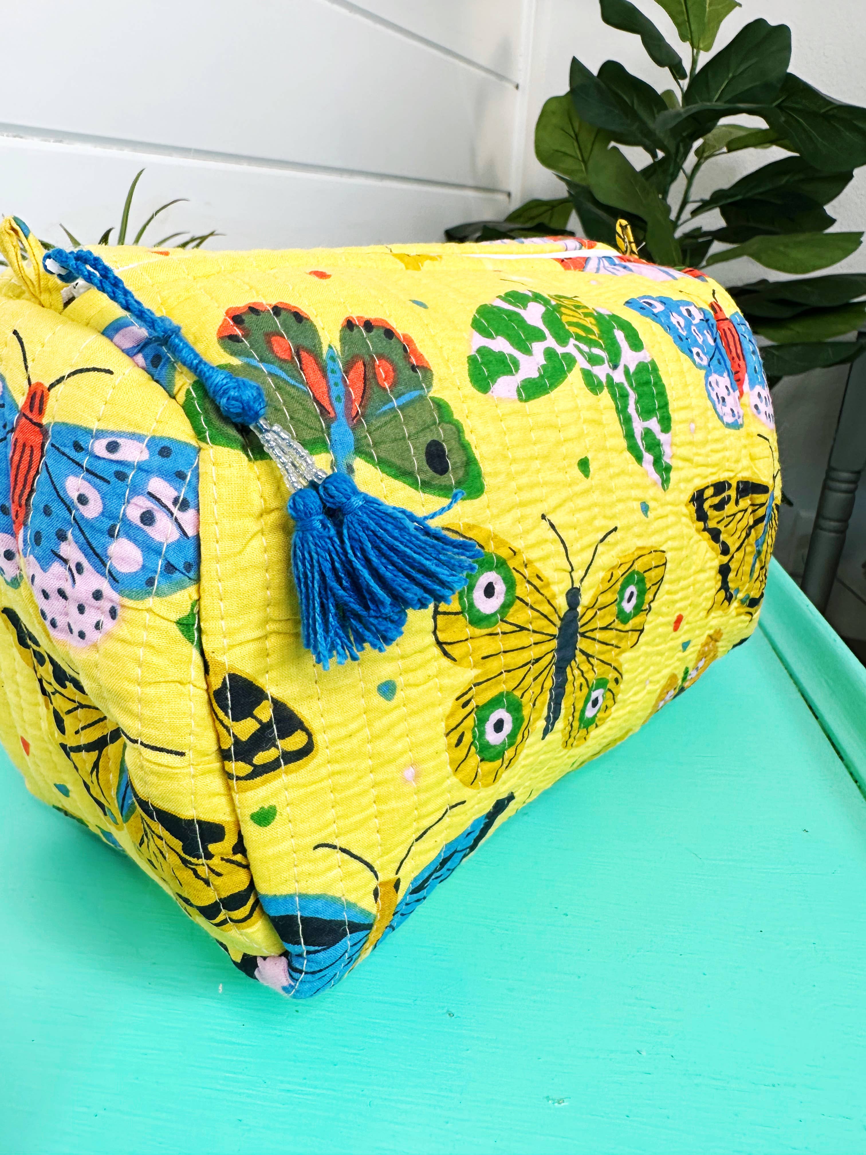 Yellow Butterfly Quilted Makeup Bag