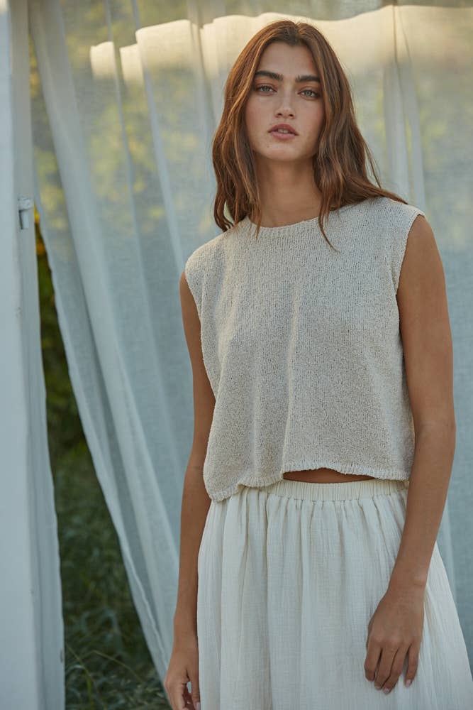 Flowy Knit Sleeveless Crop Top | Crew Neck Top